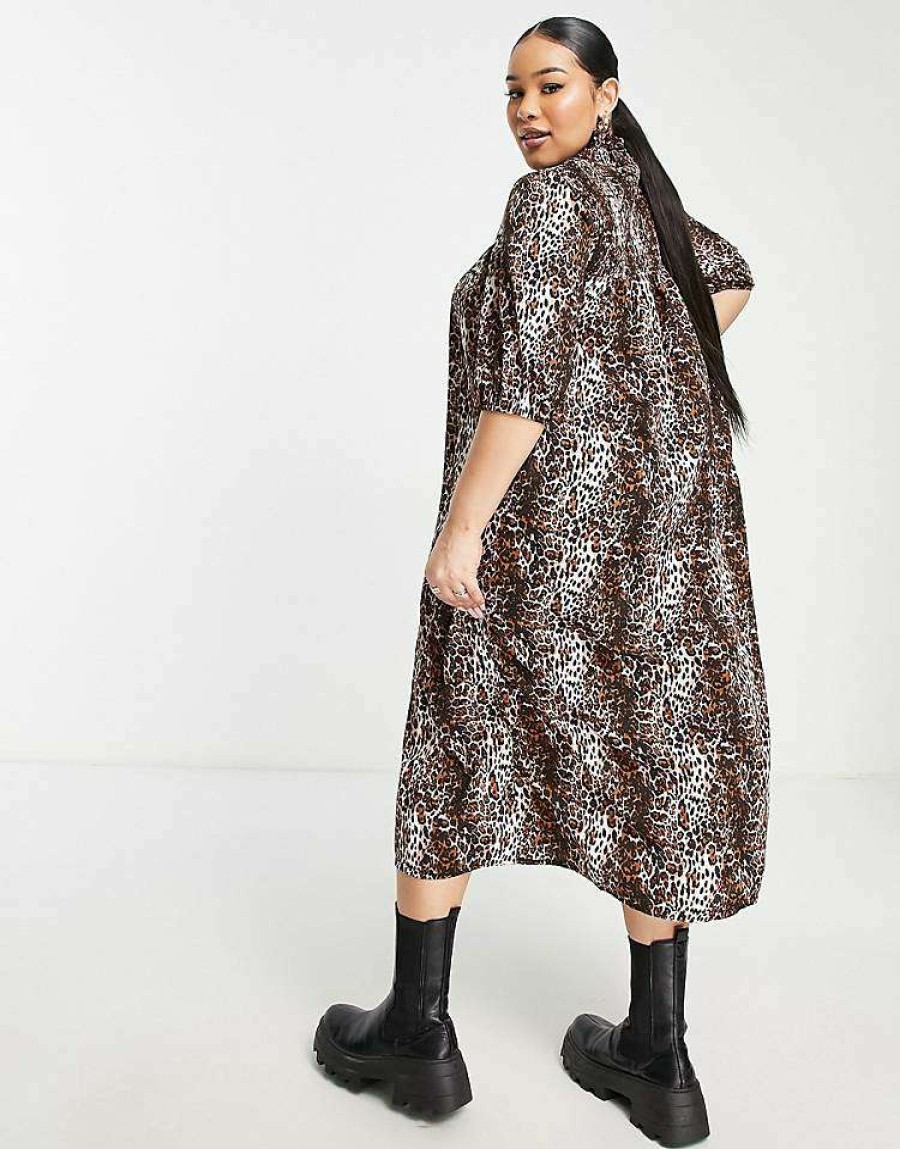 Dresses * | Wednesday'S Girl Curve High Neck Midi Smock Dress With Shirring In For Women Grunge Leopard