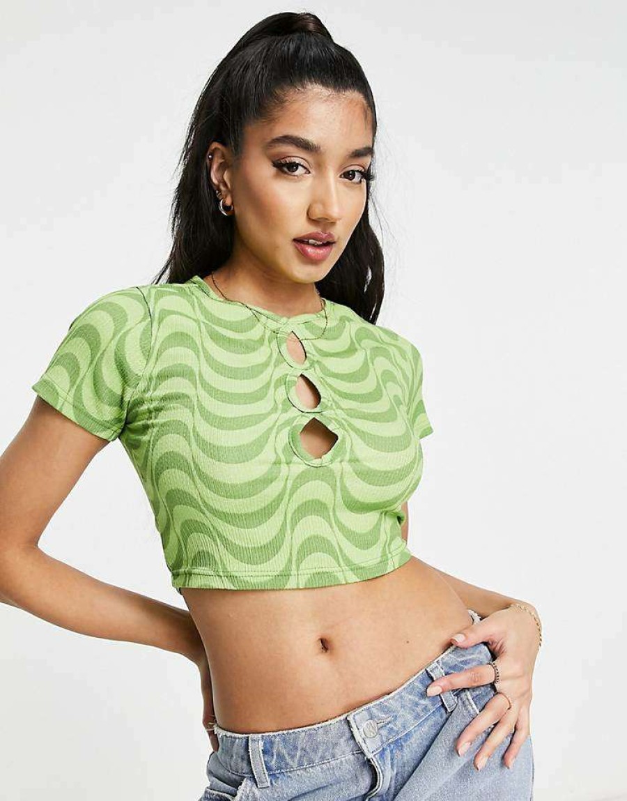 Tops * | Wednesday'S Girl Crop T-Shirt With Cut Out Detail In Print For Women Green Wavy