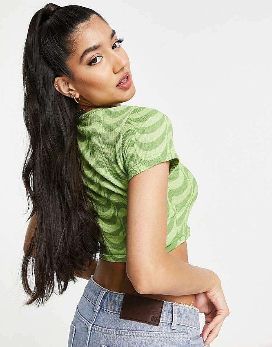 Tops * | Wednesday'S Girl Crop T-Shirt With Cut Out Detail In Print For Women Green Wavy