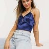 Tops * | Wednesday'S Girl Halter Neck Crop Top In Midnight Satin For Women Navy Satin