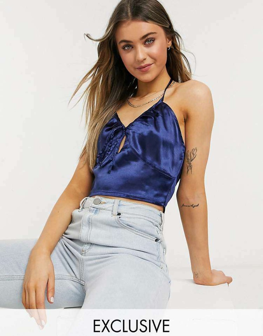 Tops * | Wednesday'S Girl Halter Neck Crop Top In Midnight Satin For Women Navy Satin