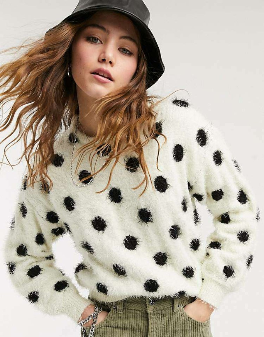 Knitwear & Sweats * | Wednesday'S Girl Jumper In Fluffy Spot Knit For Women Cream Black Spot