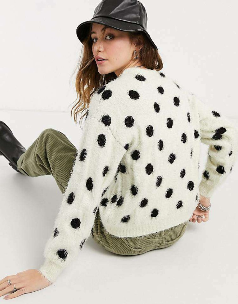 Knitwear & Sweats * | Wednesday'S Girl Jumper In Fluffy Spot Knit For Women Cream Black Spot