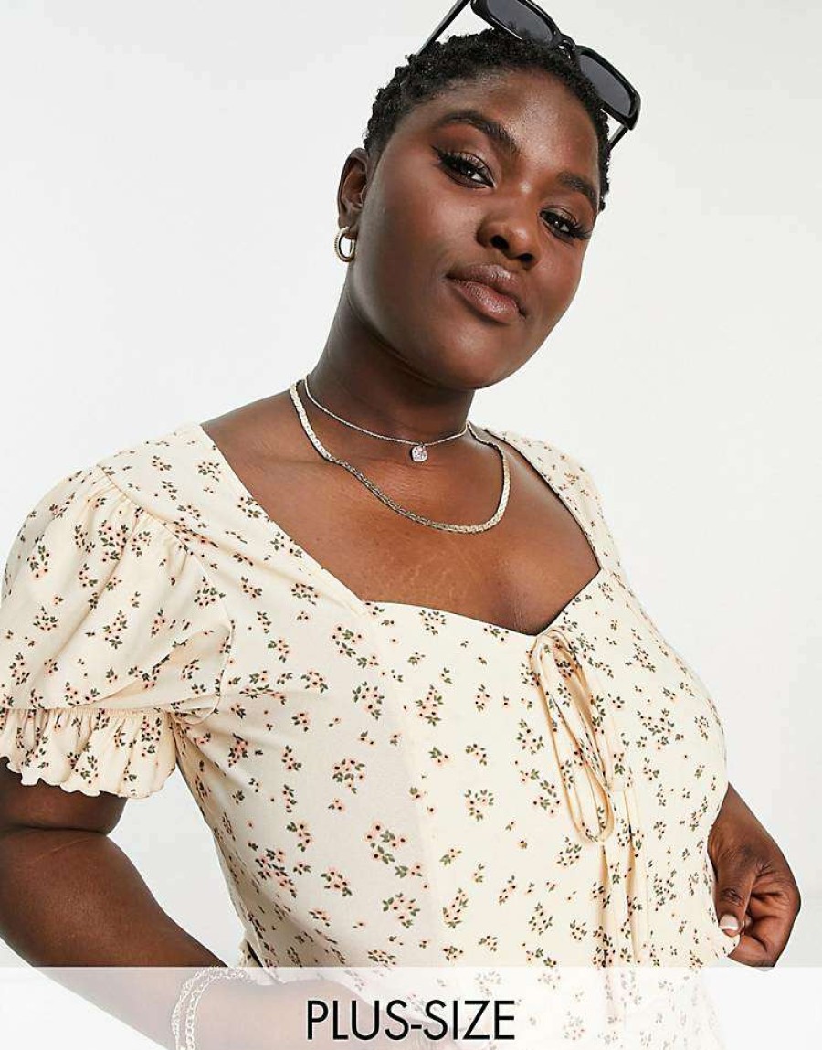 Tops * | Wednesday'S Girl Curve Puff Sleeve Milkmaid Crop Top Co-Ord In For Women Ditsy Floral