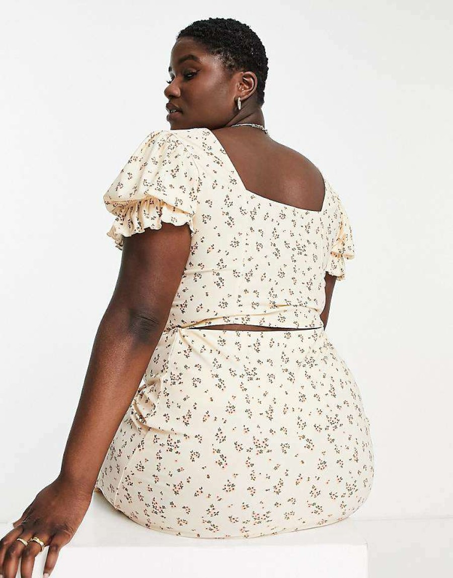 Tops * | Wednesday'S Girl Curve Puff Sleeve Milkmaid Crop Top Co-Ord In For Women Ditsy Floral