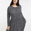 Dresses * | Wednesday'S Girl Curve Long Sleeve Midi Smock Dress In Smudge Spot Print For Women Black Smudge Spot