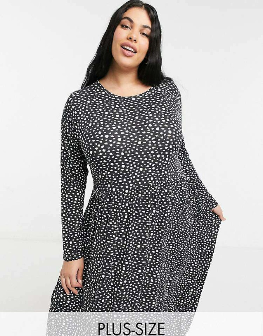 Dresses * | Wednesday'S Girl Curve Long Sleeve Midi Smock Dress In Smudge Spot Print For Women Black Smudge Spot