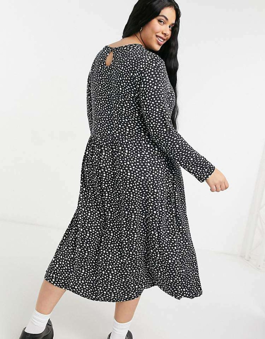 Dresses * | Wednesday'S Girl Curve Long Sleeve Midi Smock Dress In Smudge Spot Print For Women Black Smudge Spot