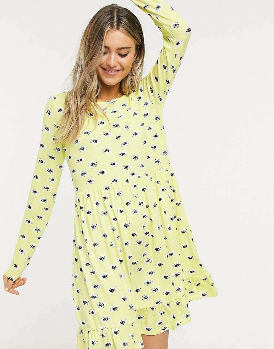 Dresses * | Wednesday'S Girl Long Sleeve Smock Dress In Floral For Women Yellow