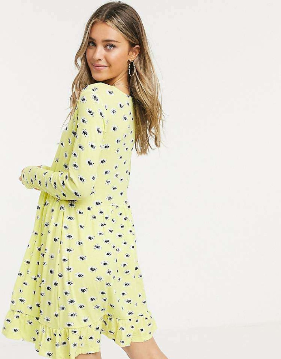 Dresses * | Wednesday'S Girl Long Sleeve Smock Dress In Floral For Women Yellow