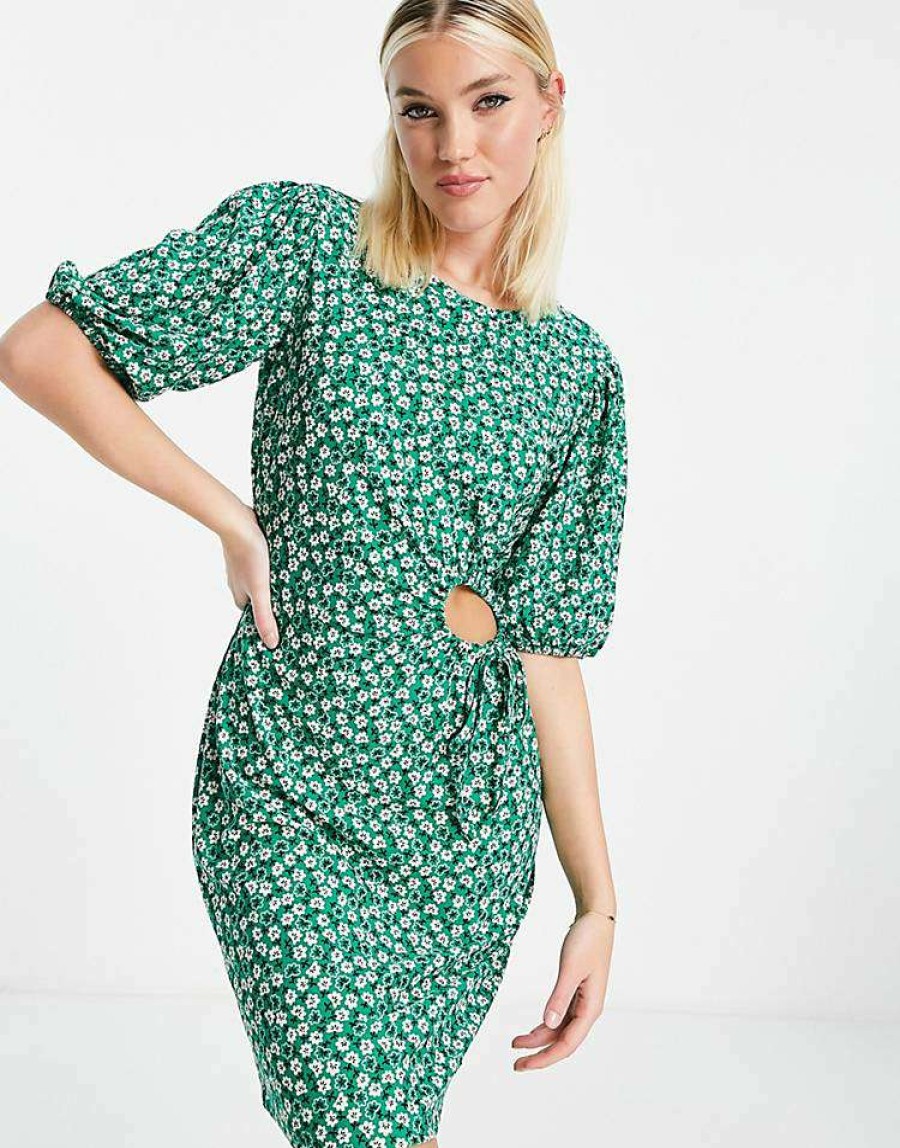 Dresses * | Wednesday'S Girl Cut Out Detail Mini Jersey T-Shirt Dress In Floral For Women Green Ditsy