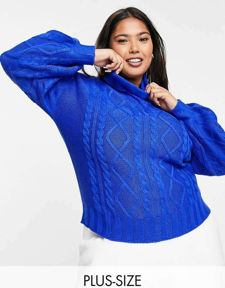 Knitwear & Sweats * | Wednesday'S Girl Curve High Neck Jumper With Balloon Sleeves In Chunky Knit For Women Cobalt