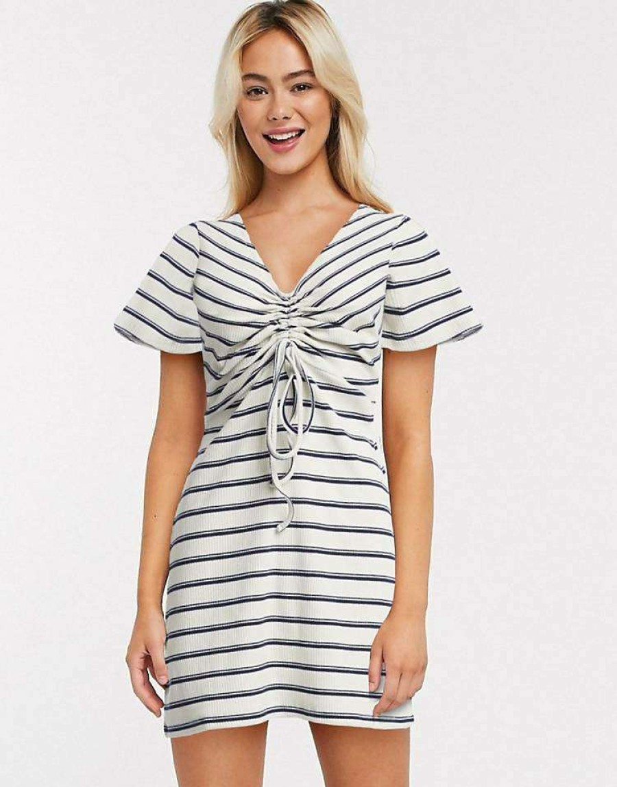 Dresses * | Wednesday'S Girl Mini Dress With Ruched Front In Stripe Rib For Women Cream Navy Stripe