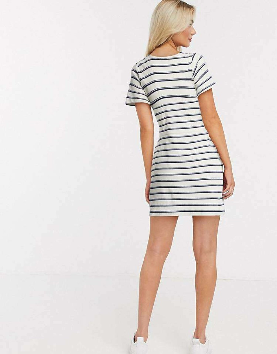 Dresses * | Wednesday'S Girl Mini Dress With Ruched Front In Stripe Rib For Women Cream Navy Stripe