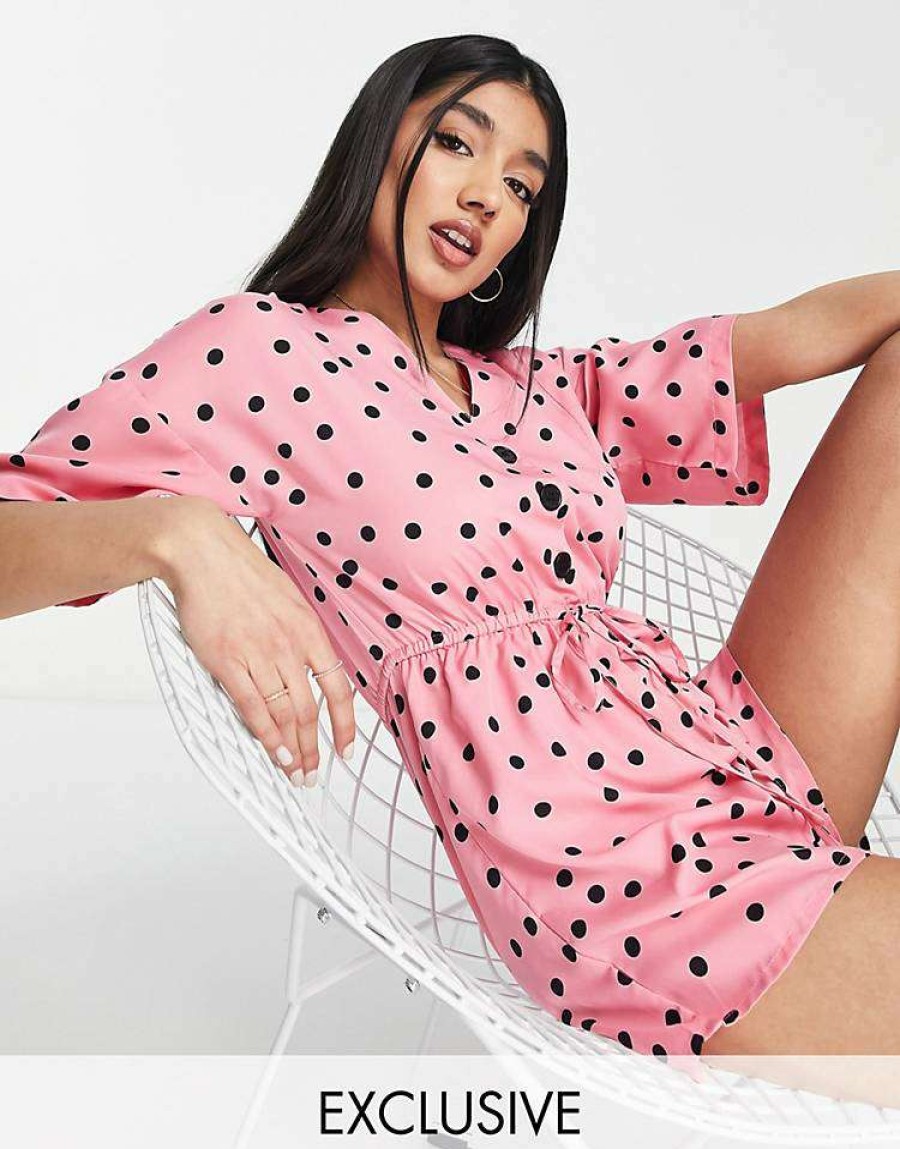 All In Ones * | Wednesday'S Girl Relaxed Playsuit With Drawstring Waist In Scattered Polka Dot For Women Pink Black Polka Dot