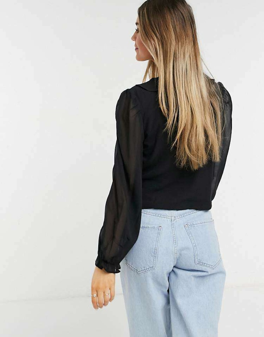 Tops * | Wednesday'S Girl Wrap Top With Sheer Balloon Sleeves For Women Black Sheer