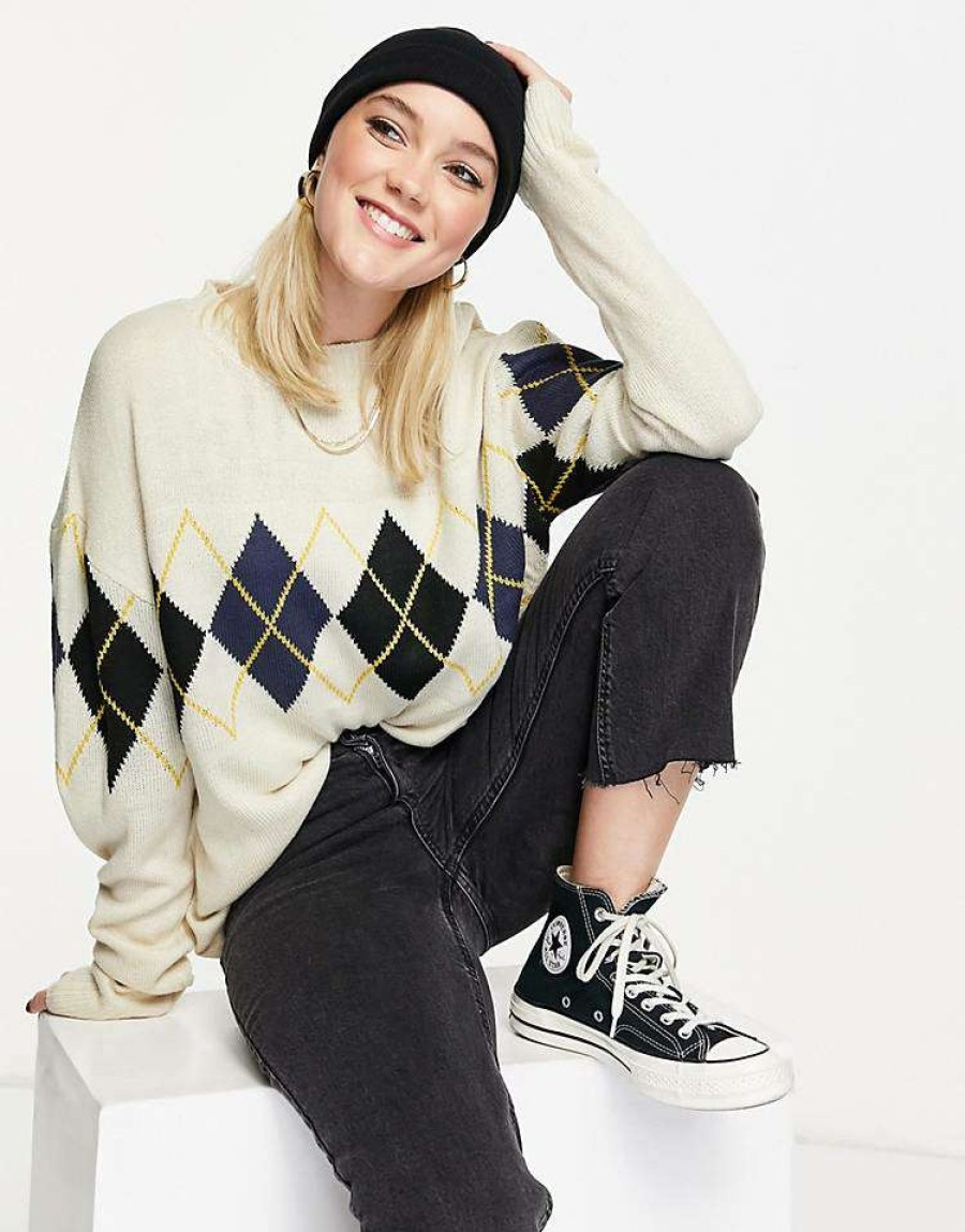 Knitwear & Sweats * | Wednesday'S Girl Jumper In Argyle Knit For Women Stone