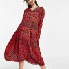 Dresses * | Wednesday'S Girl Midi Smock Dress With Collar In Bright Animal Print For Women Red Animal Print