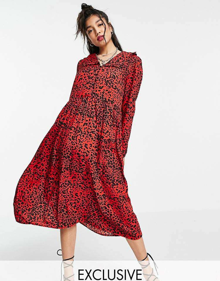 Dresses * | Wednesday'S Girl Midi Smock Dress With Collar In Bright Animal Print For Women Red Animal Print