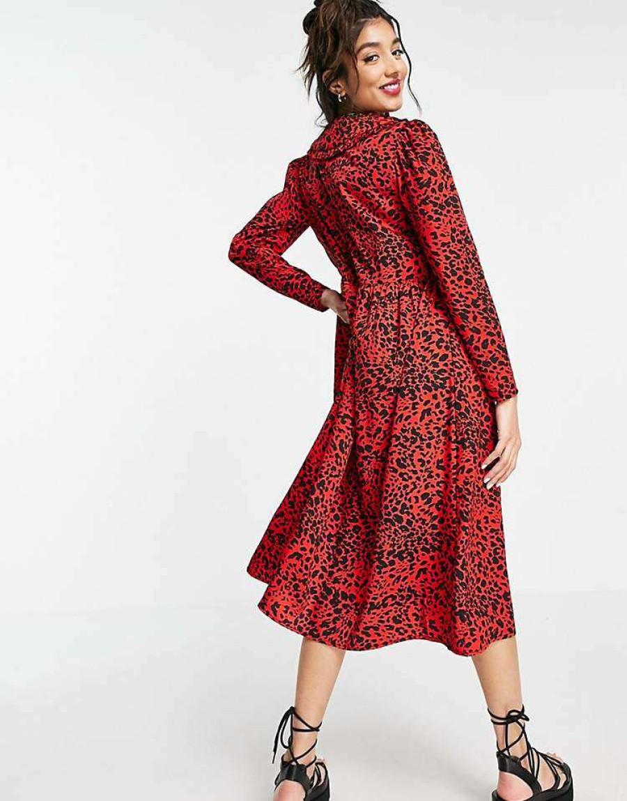 Dresses * | Wednesday'S Girl Midi Smock Dress With Collar In Bright Animal Print For Women Red Animal Print