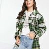 Tops * | Wednesday'S Girl Oversized Shacket In Vintage Check For Women Green White Check