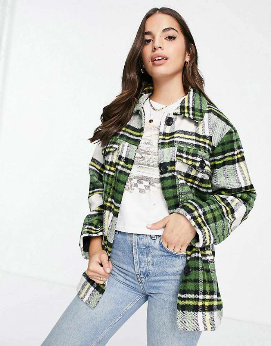 Tops * | Wednesday'S Girl Oversized Shacket In Vintage Check For Women Green White Check