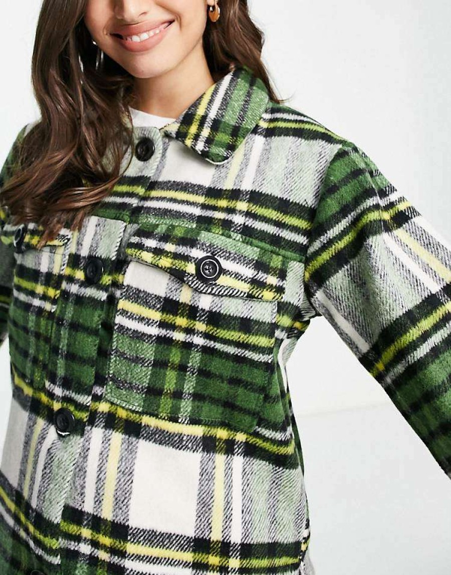 Tops * | Wednesday'S Girl Oversized Shacket In Vintage Check For Women Green White Check