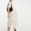 Dresses * | Wednesday'S Girl Maternity Midi Smock Dress With Full Skirt In Ditsy Spot Print For Women Cream Black Spot