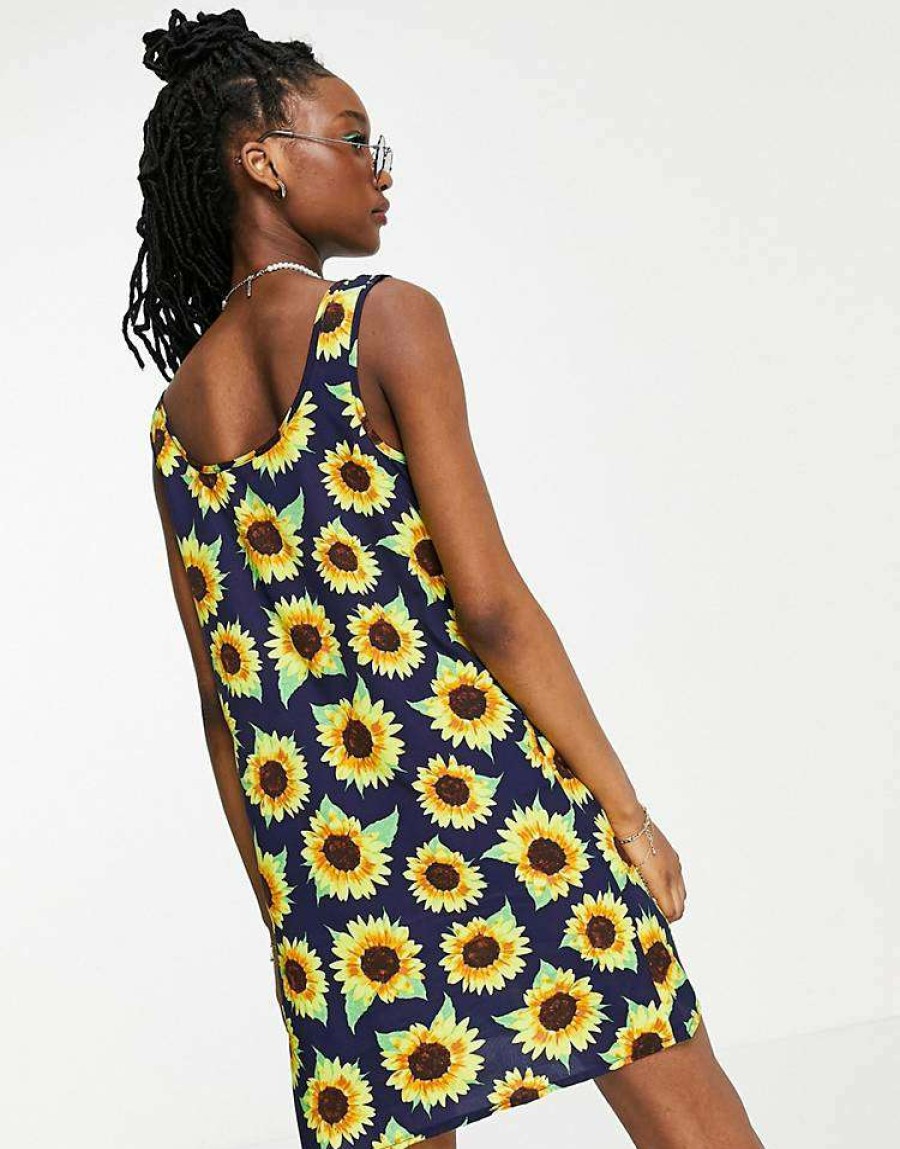 Dresses * | Wednesday'S Girl Relaxed Mini Shift Dress In Vintage Sunflower Print For Women Navy Sunflower