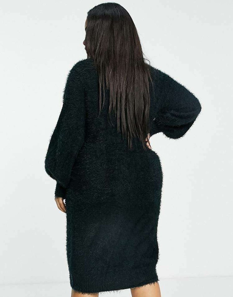 Dresses * | Wednesday'S Girl Curve Midi Jumper Dress In Chunky Knit For Women Dark Green