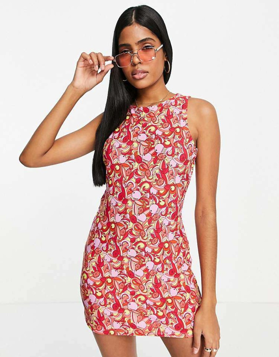 Dresses * | Wednesday'S Girl Backless Shift Dress In Retro For Women Pink Fruit