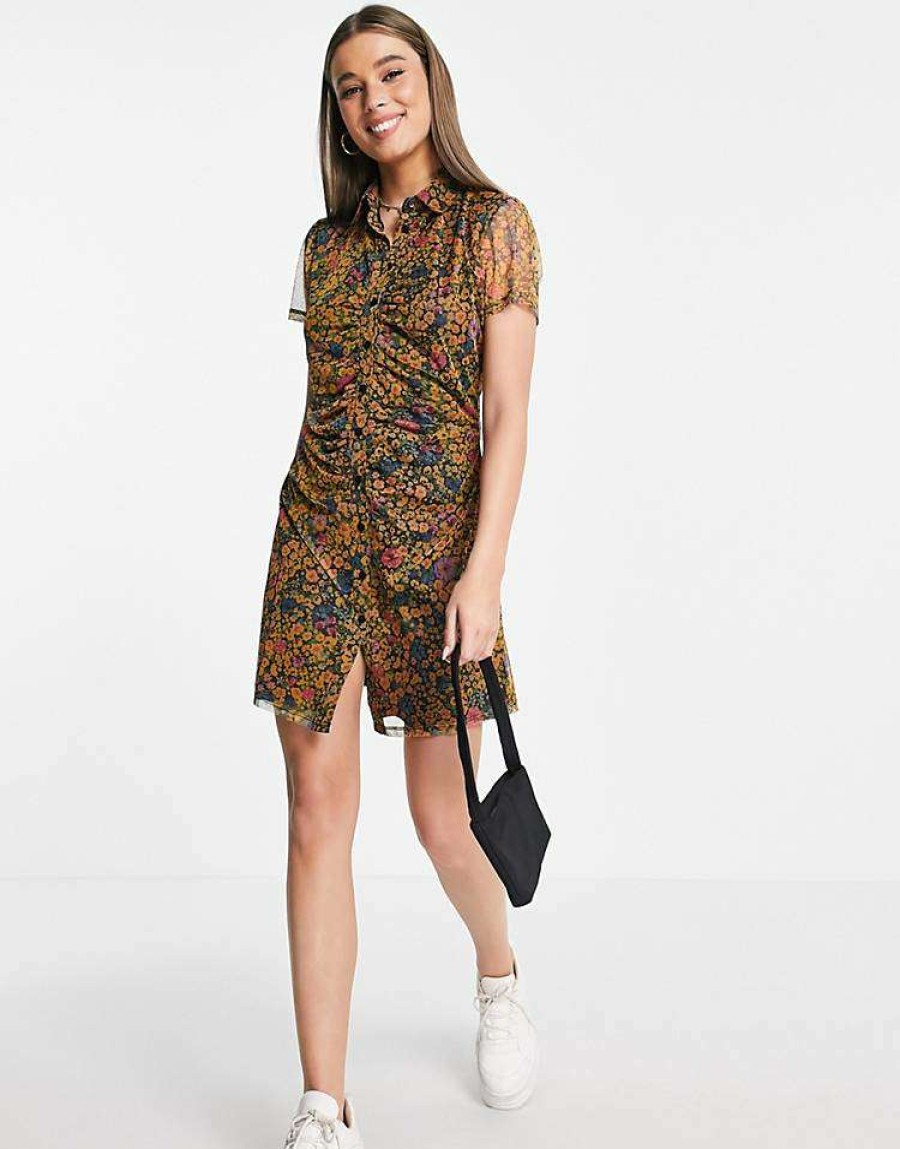 Dresses * | Wednesday'S Girl Ruched Front Mini Shirt Dress In Floral Print For Women Multi Floral