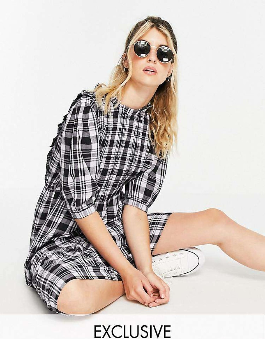 Dresses * | Wednesday'S Girl Midi Smock Dress With Peplum Hem And Shirring In Check For Women Lilac Black Check