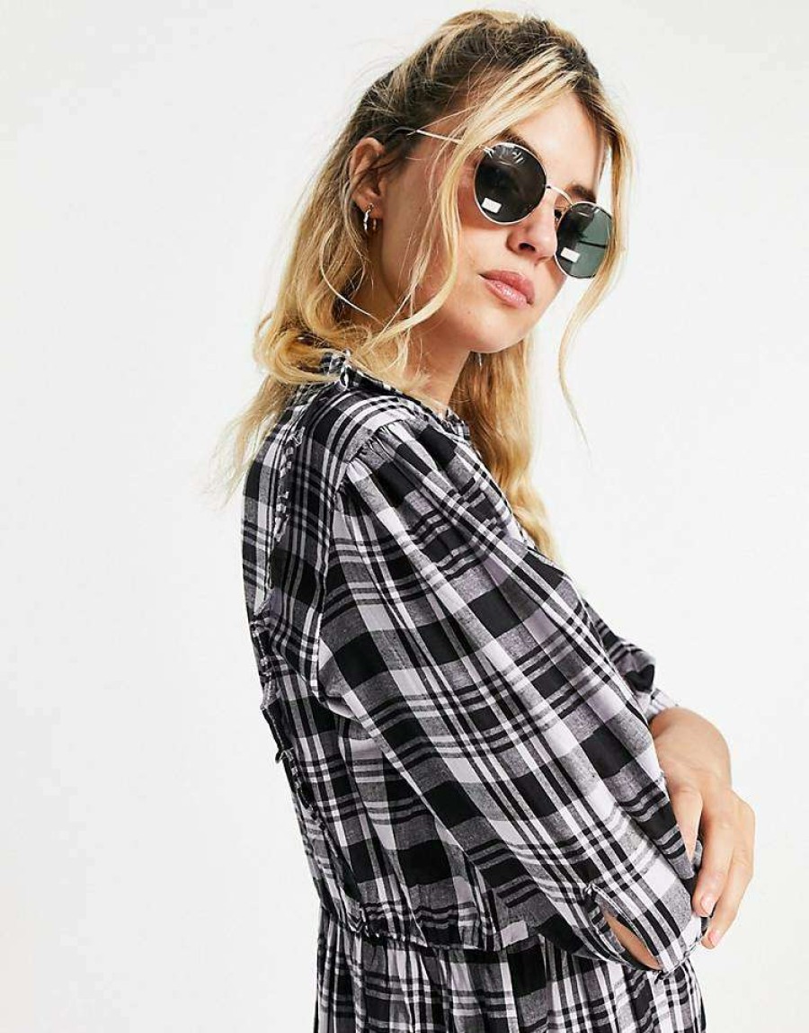 Dresses * | Wednesday'S Girl Midi Smock Dress With Peplum Hem And Shirring In Check For Women Lilac Black Check