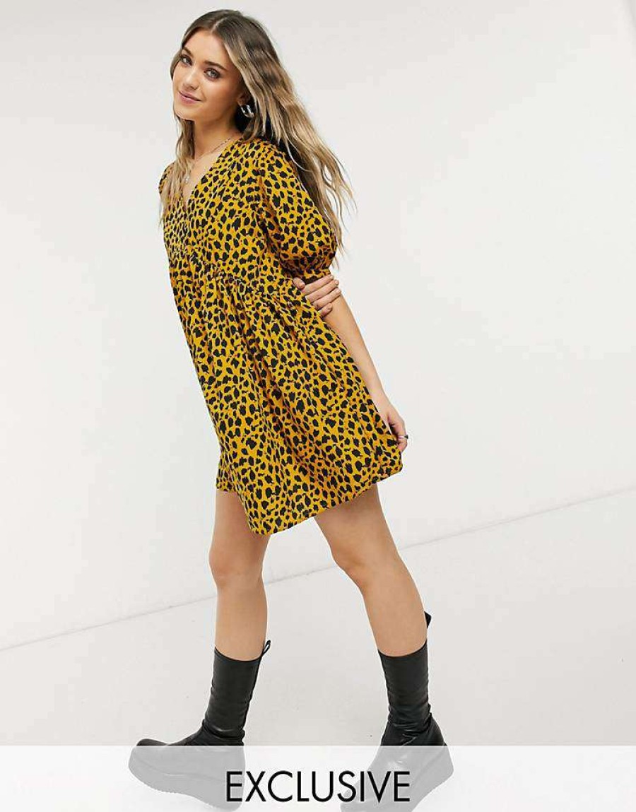 Dresses * | Wednesday'S Girl Mini Smock Dress In Sketchy Animal Print For Women Mustard Animal