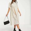 Dresses * | Wednesday'S Girl Midi Smock Dress With Full Skirt In Ditsy Spot Print For Women Cream Black Spot