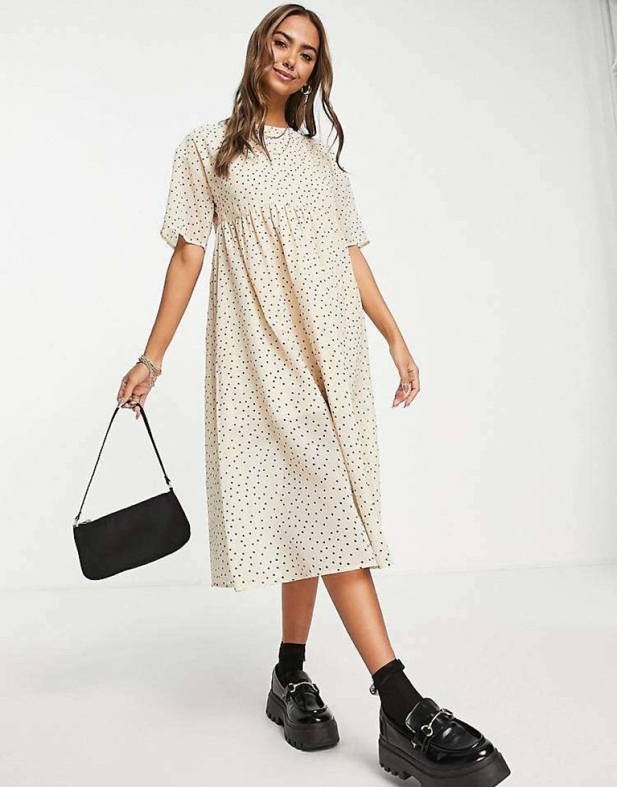 Dresses * | Wednesday'S Girl Midi Smock Dress With Full Skirt In Ditsy Spot Print For Women Cream Black Spot