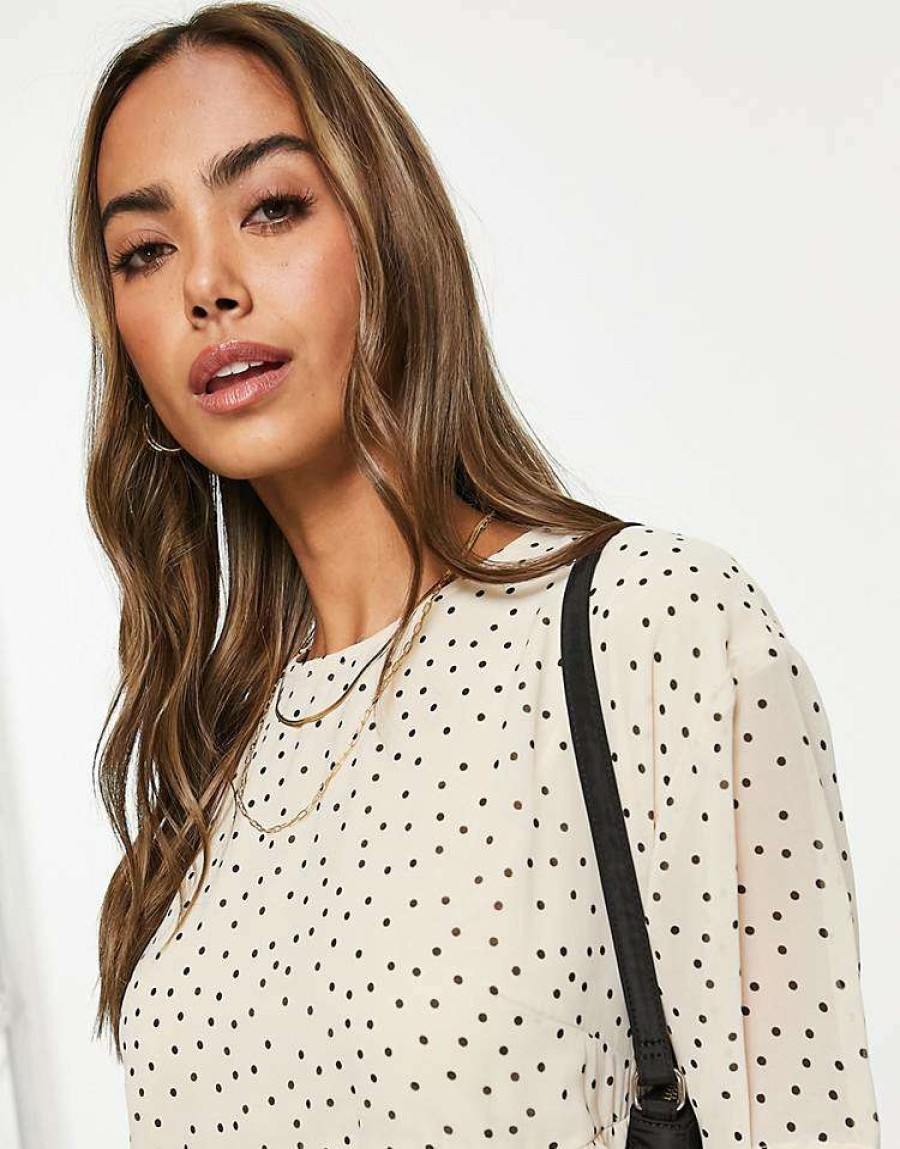 Dresses * | Wednesday'S Girl Midi Smock Dress With Full Skirt In Ditsy Spot Print For Women Cream Black Spot