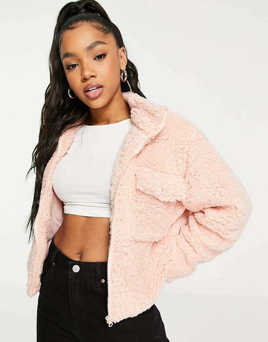 Outerwear * | Wednesday'S Girl Oversized Jacket With Pocket In Teddy Fleece For Women Light Pink