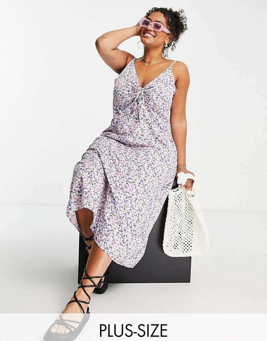 Dresses * | Wednesday'S Girl Curve Ruch Bust Cami Midi Slip Dress In Grunge Lilac Floral For Women Lilac Ditsy