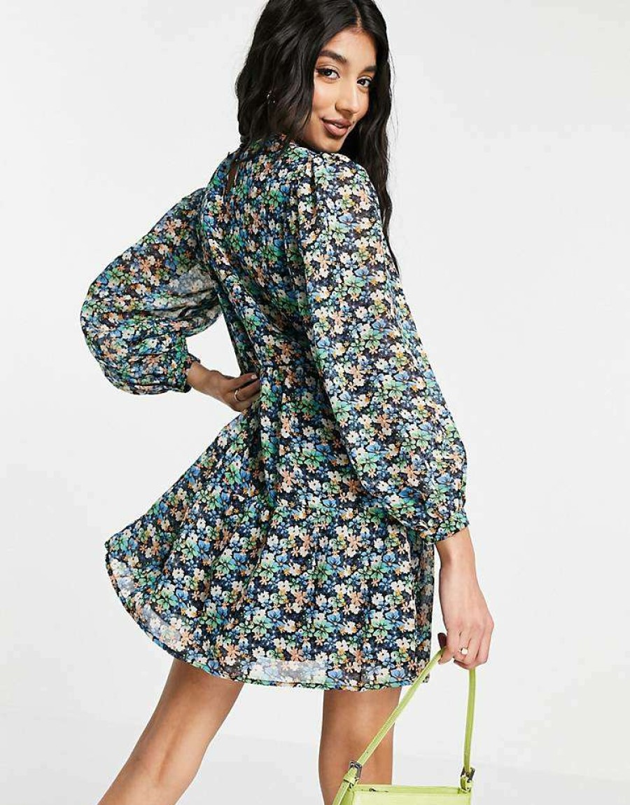 Dresses * | Wednesday'S Girl Long Sleeve Mini Smock Dress With Full Skirt In Vintage Floral For Women Multi Floral