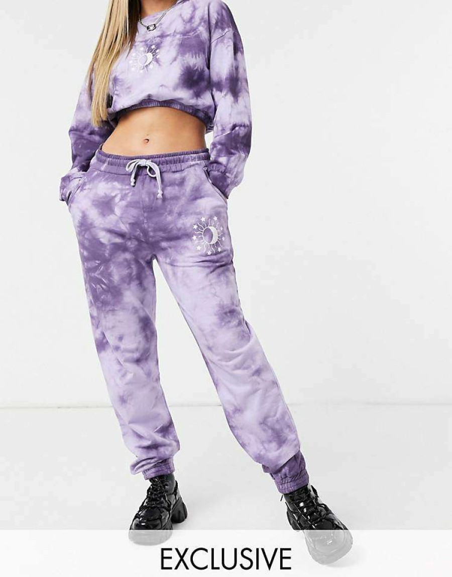 Jeans & Trousers * | Wednesday'S Girl Relaxed Joggers With Celestial Print Co-Ord For Women Purple Tie Dye