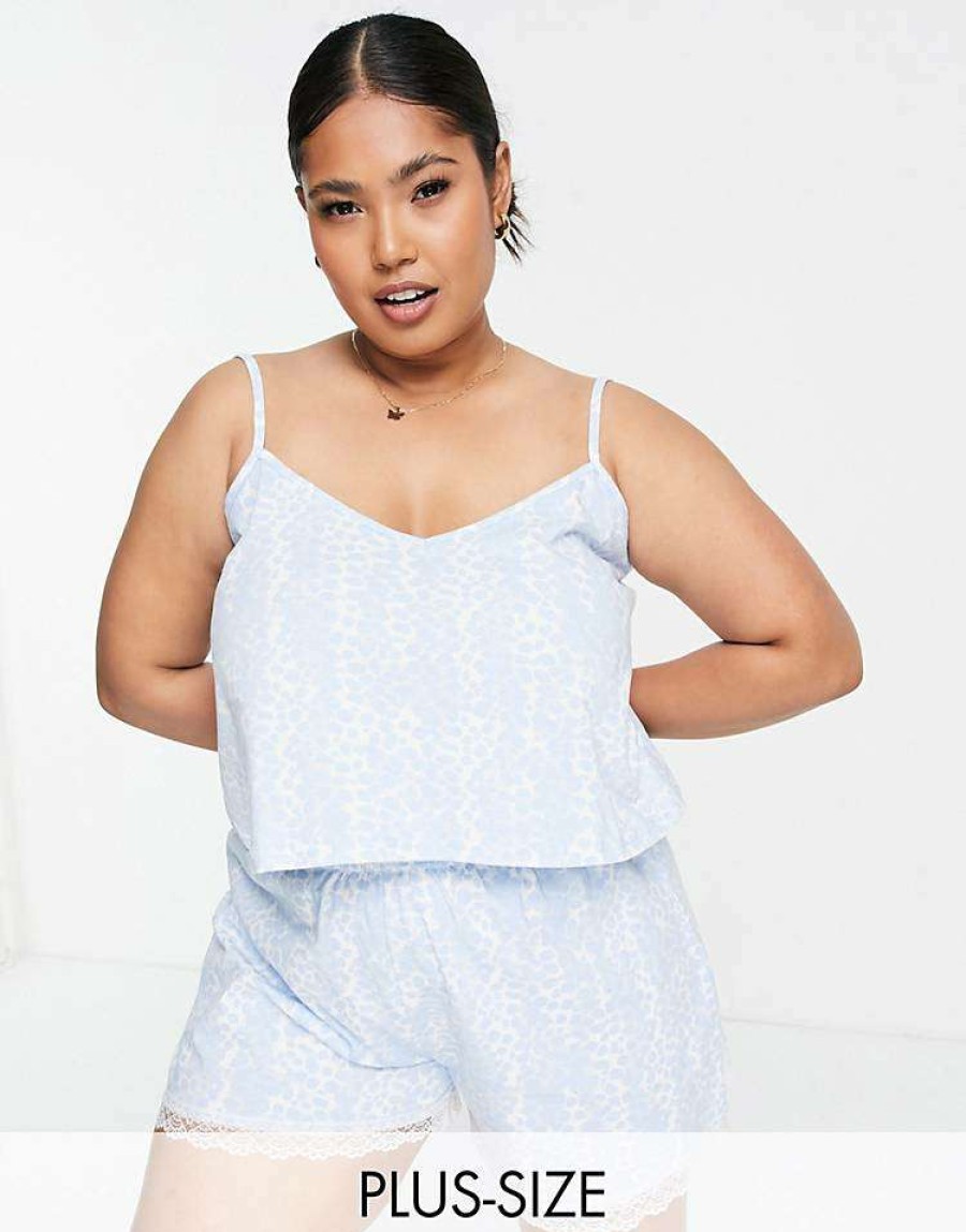 Underwear & Nightwear * | Wednesday'S Girl Curve Cami And Shorts Pyjama Set In Sky Blue Print For Women Light Blue