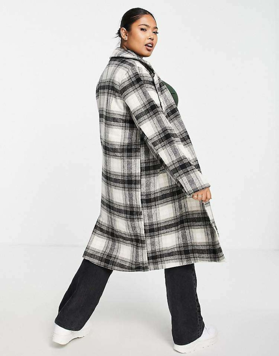 Outerwear * | Wednesday'S Girl Curve Tailored Coat In Monochrome Check For Women Black Cream Check