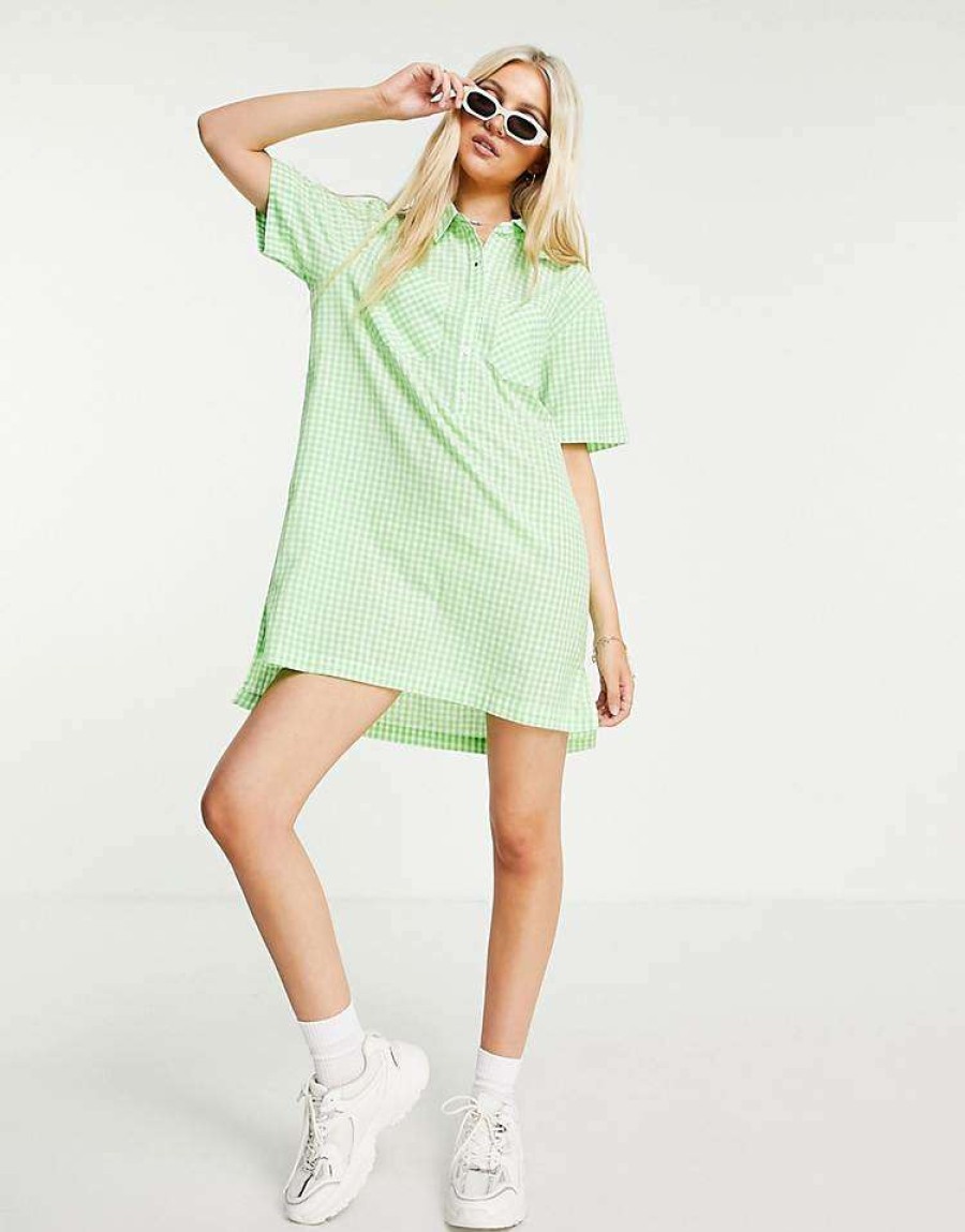 Dresses * | Wednesday'S Girl Oversized Mini Shirt Dress In Pastel Gingham For Women Mint White Gingham