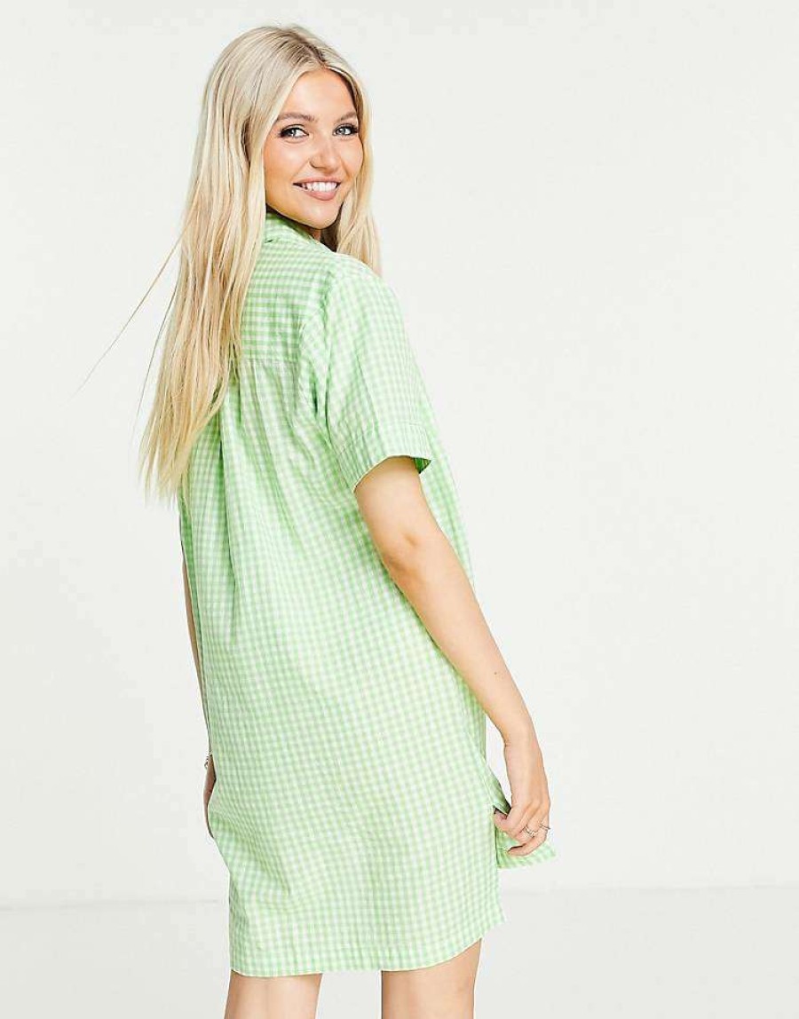 Dresses * | Wednesday'S Girl Oversized Mini Shirt Dress In Pastel Gingham For Women Mint White Gingham