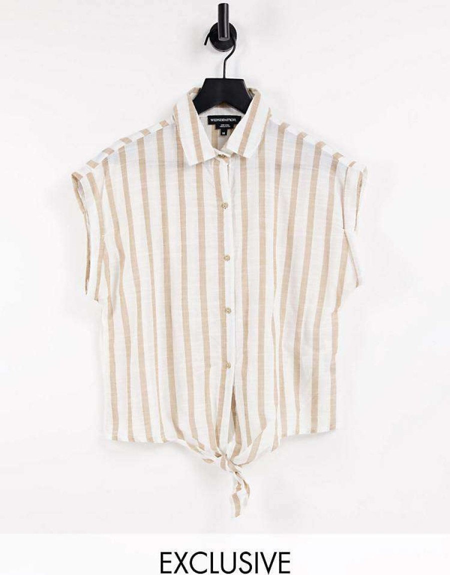 Tops * | Wednesday'S Girl Shirt With Tie Front In For Women Natural Stripe