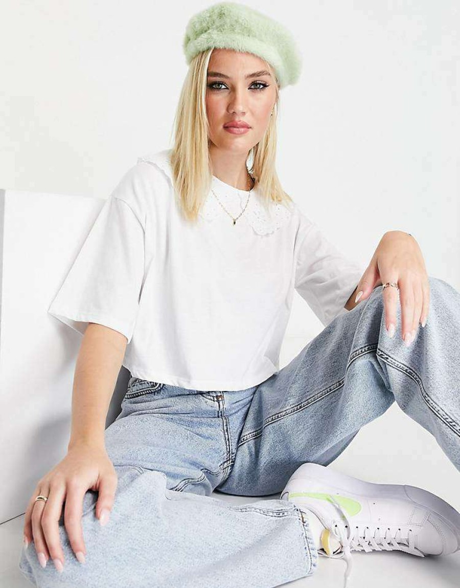 Tops * | Wednesday'S Girl Crop T-Shirt With Broderie Collar For Women White