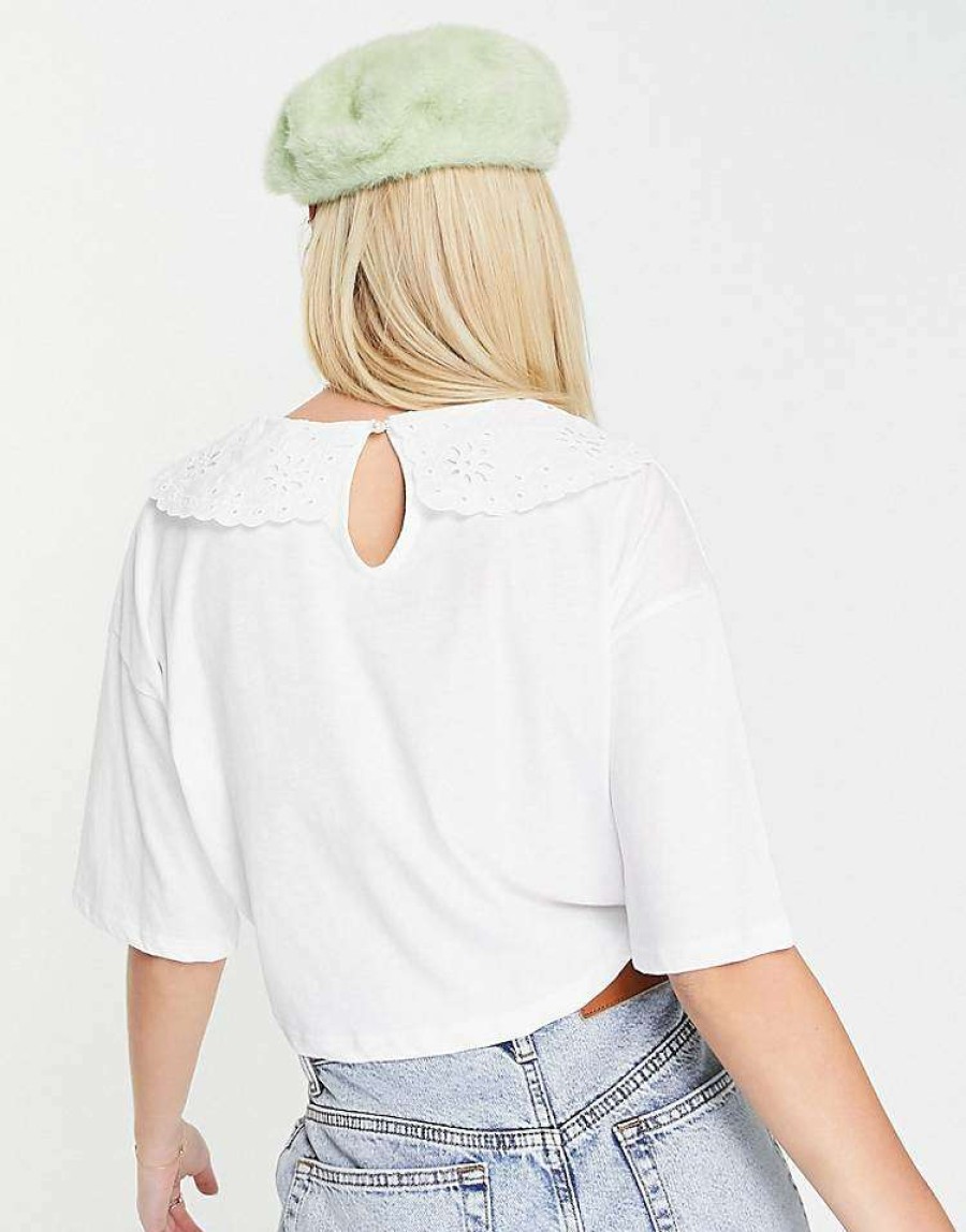 Tops * | Wednesday'S Girl Crop T-Shirt With Broderie Collar For Women White