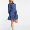 Dresses * | Wednesday'S Girl Mini Smock Dress With Tiered Skirt In Denim For Women Indigo Denim